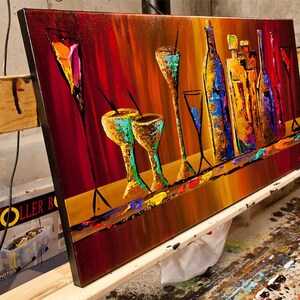 May include: Abstract painting of a bar scene with colorful bottles and glasses. The painting is done in a vibrant style with bold strokes and bright colors. The background is a deep red with hints of orange and yellow.