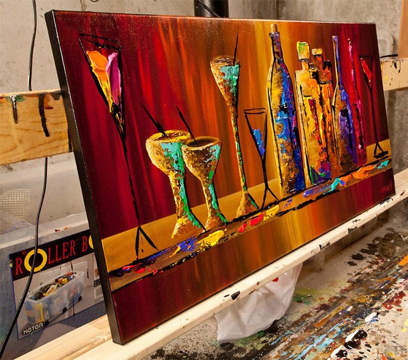 May include: Abstract painting of a bar scene with colorful bottles and glasses. The painting is done in a vibrant style with bold strokes and bright colors. The background is a deep red with hints of orange and yellow.