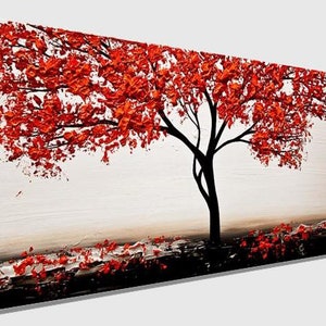 May include: Abstract painting of a red tree with a white background. The tree has a thick trunk and branches with red leaves. The painting has a minimalist style.