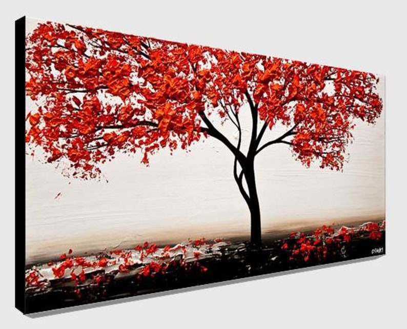 May include: Abstract painting of a red tree with a white background. The tree has a thick trunk and branches with red leaves. The painting has a minimalist style.