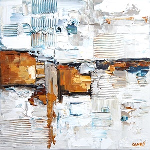 Textured Abstract Canvas Painting: Gold, White, and Blue Wall Art