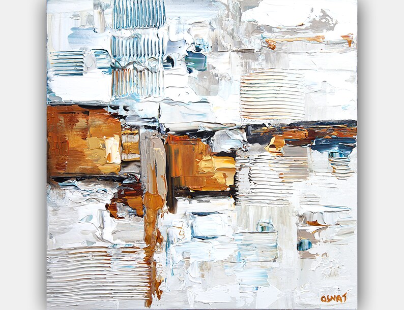 Textured Abstract Canvas Painting: Gold, White, and Blue Wall Art image 1