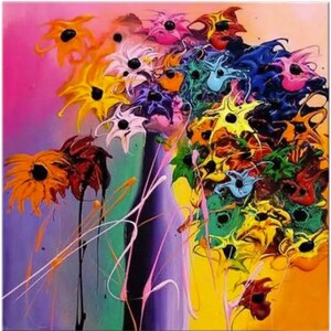 May include: Abstract painting of a bouquet of colorful flowers with black centers. The flowers are painted in a variety of bright colors, including yellow, orange, red, pink, blue, green, and purple. The background is a light pink color.