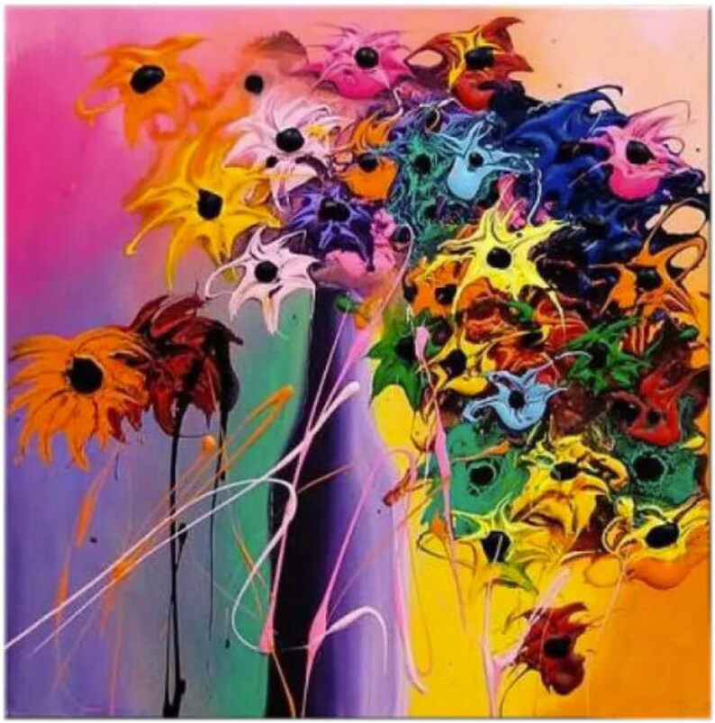 May include: Abstract painting of a bouquet of colorful flowers with black centers. The flowers are painted in a variety of bright colors, including yellow, orange, red, pink, blue, green, and purple. The background is a light pink color.