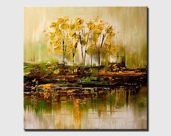 Puede incluir: Una pintura de un grupo de árboles con hojas amarillas en un entorno paisajístico. Los árboles están en primer plano y hay una masa de agua en el fondo. La pintura está realizada en un estilo pictórico con pinceladas visibles.