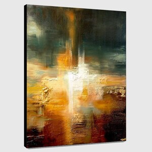 May include: Abstract painting with a textured surface. The painting features a mix of dark green, brown, orange, and white colors. The colors are blended together to create a sense of depth and movement.