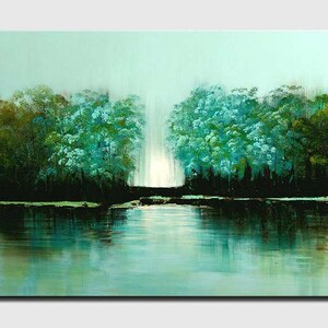 May include: A painting of a lake with trees on either side. The trees are a vibrant blue-green color and the water is a lighter blue-green. The sky is a pale blue.