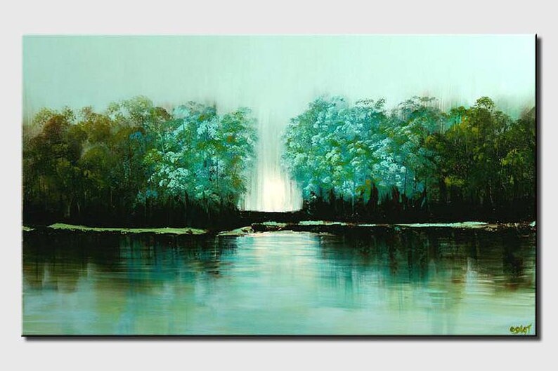 May include: A painting of a lake with trees on either side. The trees are a vibrant blue-green color and the water is a lighter blue-green. The sky is a pale blue.