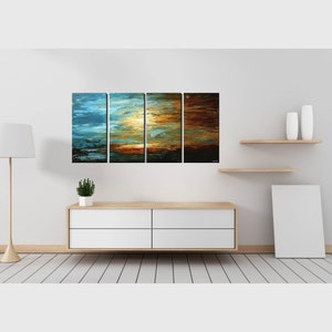 May include: A four-piece abstract painting set with a blue, green, and brown color scheme. The painting depicts a sunset over a body of water.