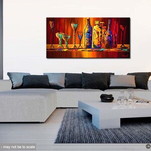 May include: Abstract painting of a bar scene with bottles of liquor and glasses of cocktails. The painting is done in a vibrant palette of red, orange, yellow, blue, and green.