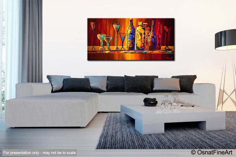 May include: Abstract painting of a bar scene with bottles of liquor and glasses of cocktails. The painting is done in a vibrant palette of red, orange, yellow, blue, and green.