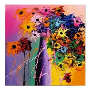 May include: Abstract painting of a colorful bouquet of flowers in shades of pink, yellow, blue, green, orange, and red. The flowers are painted in a stylized, almost cartoonish way, with thick brushstrokes and bold colors.