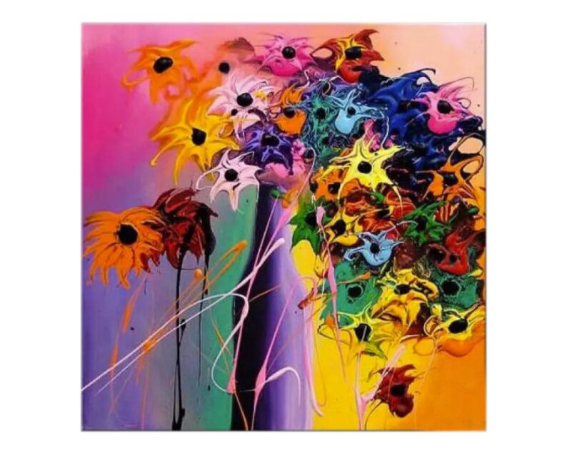 May include: Abstract painting of a colorful bouquet of flowers in shades of pink, yellow, blue, green, orange, and red. The flowers are painted in a stylized, almost cartoonish way, with thick brushstrokes and bold colors.