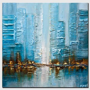 May include: Abstract painting of a city skyline in shades of blue and white with a reflection of the city in the water below. The painting has a textured, impasto style.