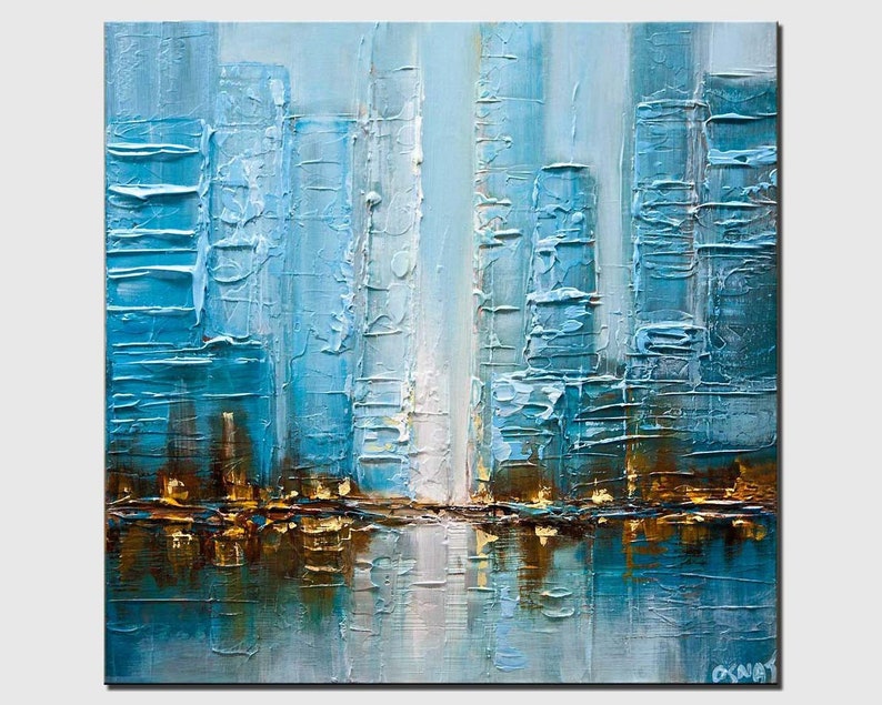 May include: Abstract painting of a city skyline in shades of blue and white with a reflection of the city in the water below. The painting has a textured, impasto style.