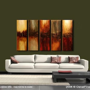 May include: Abstract art painting with five panels, each featuring a different color scheme of brown, orange, and red. The panels are arranged horizontally and are separated by thin black lines. The painting is displayed on a wall above a white couch with pillows.