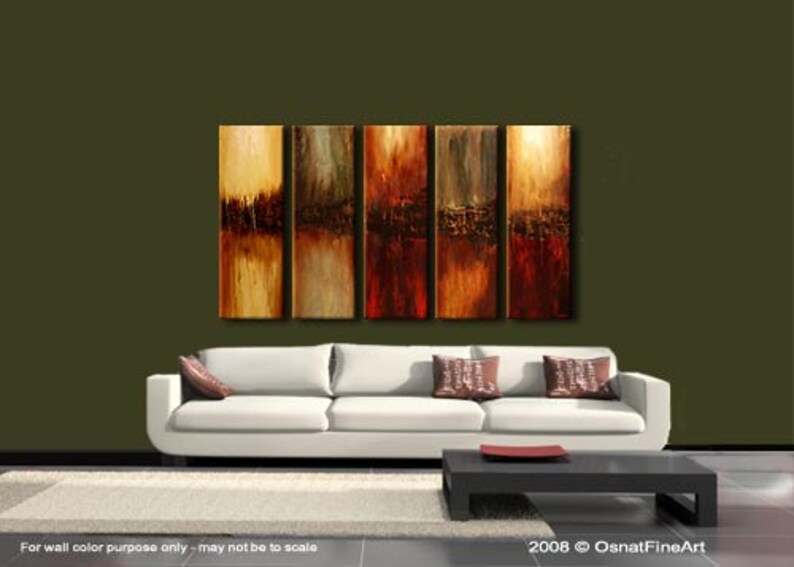 May include: Abstract art painting with five panels, each featuring a different color scheme of brown, orange, and red. The panels are arranged horizontally and are separated by thin black lines. The painting is displayed on a wall above a white couch with pillows.