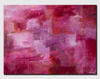 May include: Abstract painting with a textured surface. The painting is dominated by shades of pink and purple, with hints of gold and white. The colors are blended together in a way that creates a sense of depth and movement.