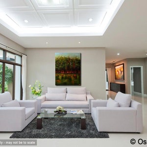 May include: A living room interior design with a large abstract landscape painting on the wall, a white sofa, two white armchairs, a glass coffee table, and a rug.