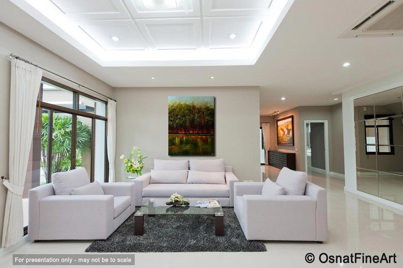 May include: A living room interior design with a large abstract landscape painting on the wall, a white sofa, two white armchairs, a glass coffee table, and a rug.