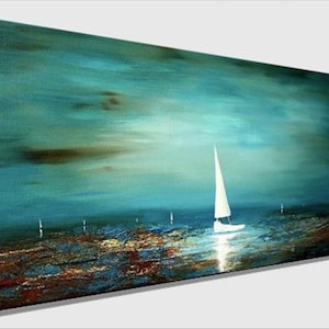 May include: A painting of a sailboat on a turquoise body of water with a cloudy sky. The sailboat is white and has a single sail. The water is a light blue color and there are some brown and gold accents in the water.