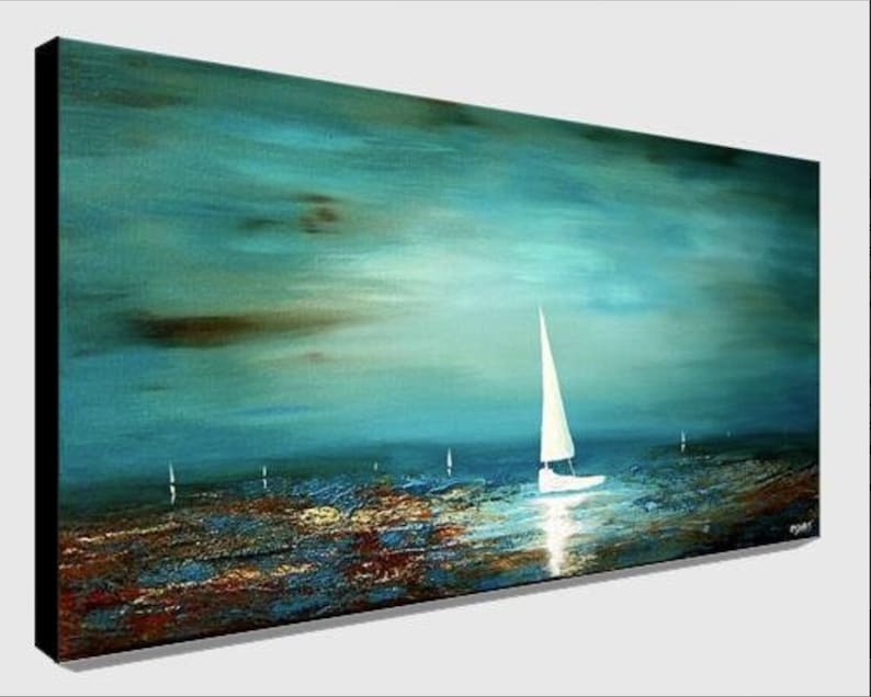 May include: A painting of a sailboat on a turquoise body of water with a cloudy sky. The sailboat is white and has a single sail. The water is a light blue color and there are some brown and gold accents in the water.