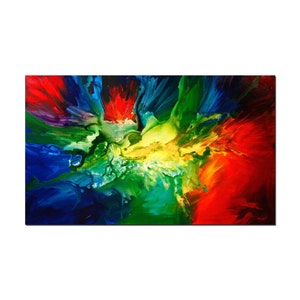 May include: Abstract painting with vibrant colors, including red, yellow, green, and blue, creating a swirling, dynamic effect.