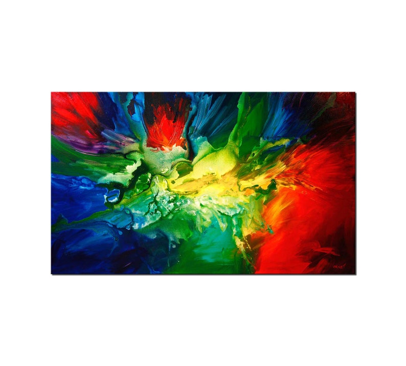 May include: Abstract painting with vibrant colors, including red, yellow, green, and blue, creating a swirling, dynamic effect.