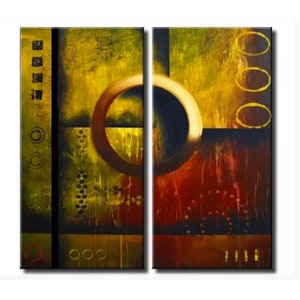 May include: Abstract painting with two panels, featuring a large, dark circle with a gold outline, set against a background of yellow, brown, and red. The painting has a textured, layered look.