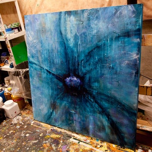 Pintura original de flores abstractas azules, decoración del hogar moderna con textura ARTE PERSONALIZADO imagen 9