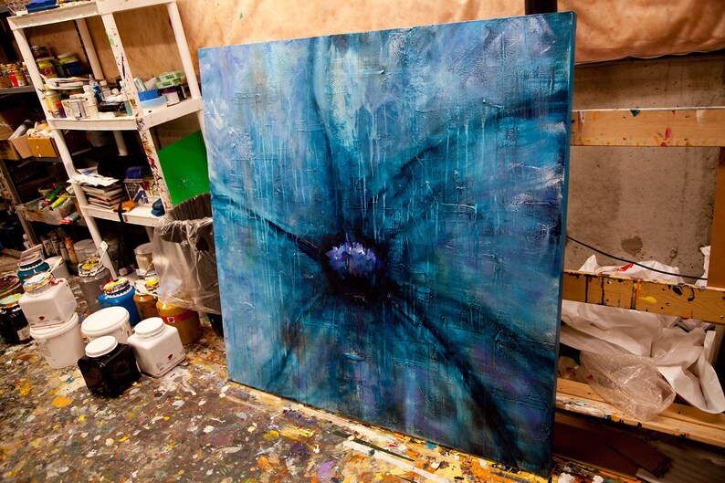 Pintura original de flores abstractas azules, decoración del hogar moderna con textura ARTE PERSONALIZADO imagen 9