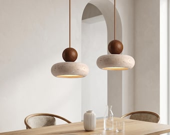 Lámpara colgante de piedra con detalles de madera, lámpara de techo moderna para cocina y comedor.