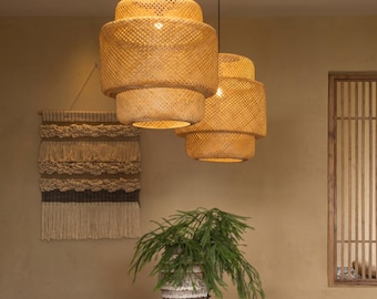 Handwoven Bamboo Pendant Light, Wicker Hanging Lamp, Natural Boho Ceiling Light, Rattan Lantern