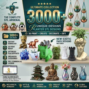 May include: An advertisement for a collection of 3D printable planter STL designs. The image showcases various planter designs, including character-inspired pots, hanging planters, and decorative vases. The text reads "Ultimate Collection 3000+ Unique Designs."