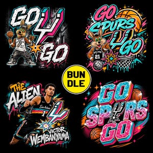 Puede incluir: Un conjunto de cuatro diseños gráficos vibrantes sobre un fondo negro. Los diseños presentan las palabras "GO SPURS GO" y "THE ALIEN VICTOR WEMBANYAMA" con imágenes de baloncesto y un coyote de dibujos animados. Los diseños utilizan colores brillantes.