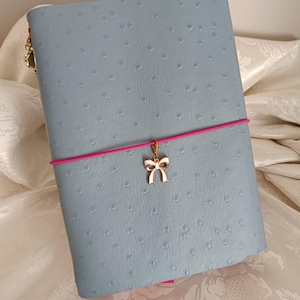 Puede incluir: Una funda para cuaderno de color azul claro con un patrón texturizado similar al de avestruz. Una banda elástica de color rosa brillante envuelve horizontalmente el centro, con un pequeño dije de lazo de metal dorado colgando en medio.