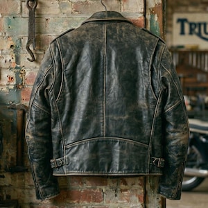 K&ouml;nnte beinhalten: Eine schwarze Lederjacke im Used-Look mit klassischem Biker-Stil, mit Reverskragen, Schulterklappen und einem G&uuml;rtel in der Taille. Die Jacke hat ein abgenutztes, Vintage-Aussehen mit sichtbaren Gebrauchsspuren, was ihr eine robuste &Auml;sthetik verleiht. Die Jacke h&auml;ngt an einem Haken.
