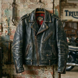 Op de afbeelding: Een zwarte leren jas met een distressed look in klassieke bikerstijl. Voorzien van een reverskraag, asymmetrische rits, meerdere zakken en een rode geruite voering. De jas hangt aan een metalen hanger tegen een bakstenen muur.