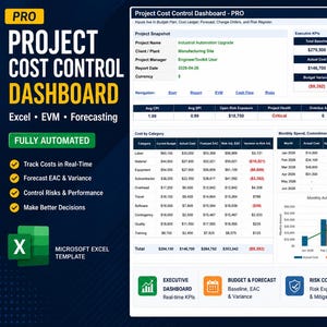 May include: A project cost control dashboard with the title "Project Cost Control Dashboard - PRO". The dashboard includes data visualizations, charts, and tables for tracking costs, forecasting, and risk management. The Excel template is fully automated.