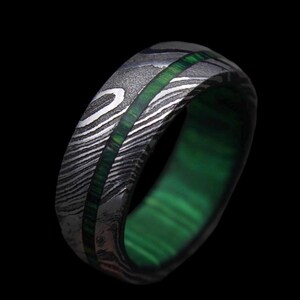 Handmade Damascus Steel Ring: 6mm Domed Band with Green Inlay