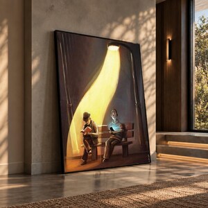 Lienzo con escena urbana moderna, cuadro decorativo sobre lectura y tecnología.