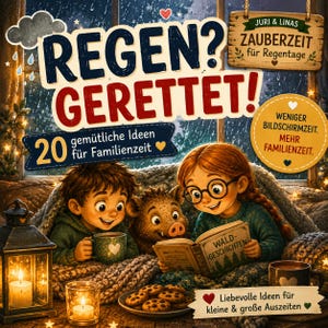 May include: A book cover titled REGEN? GERETTET! featuring two children and a boar reading a book titled WALD-GESCHICHTEN. The scene includes a lantern, candles, and cookies. Text includes 20 gemütliche Ideen für Familienzeit and WENIGER BILDSCHIRMZEIT. MEHR FAMILIENZEIT.
