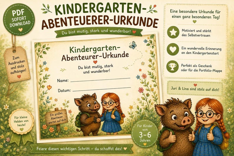 May include: A printable certificate titled Kindergarten-Abenteuerer-Urkunde featuring a cartoon boar and a girl with red braids and glasses. The document includes fields for a name and date, decorated with floral borders and encouraging German text.