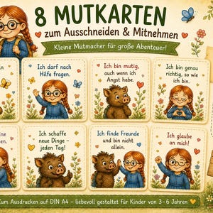 May include: A set of eight printable cards featuring illustrations of a girl with red braids and glasses alongside a small brown boar. Each card contains German text and floral motifs. The sheet includes instructions for cutting and a PDF download icon.