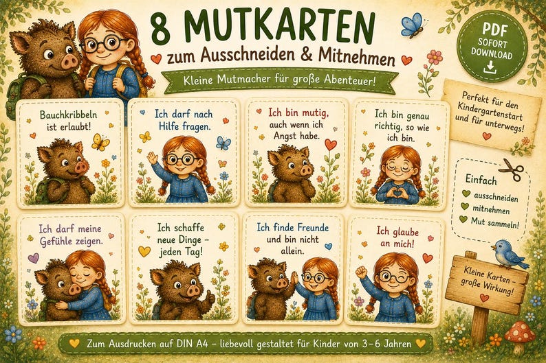 May include: A set of eight printable cards featuring illustrations of a girl with red braids and glasses alongside a small brown boar. Each card contains German text and floral motifs. The sheet includes instructions for cutting and a PDF download icon.