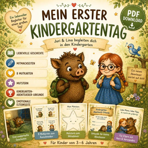 Mein erster Kindergartentag PDF | Kindergartenstart Begleiter für Kinder | Mutkarten, Geschichte & Urkunde | Geschenk zum Kindergartenbeginn