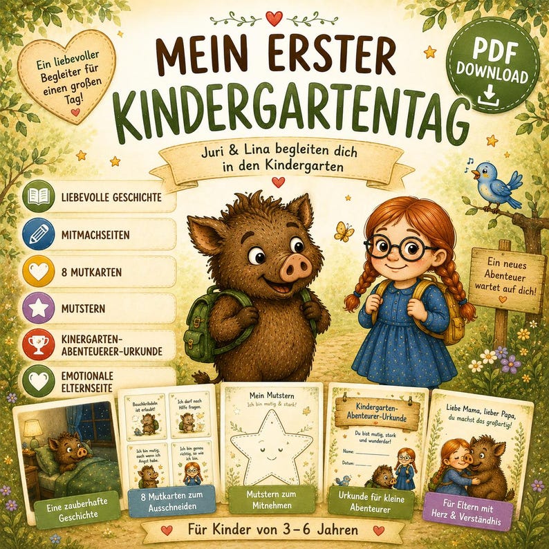 May include: A digital activity book cover titled MEIN ERSTER KINDERGARTENTAG featuring a cartoon boar and a girl with glasses and braids. The design includes icons for stories, activity pages, courage cards, a star, a certificate, and parent pages.