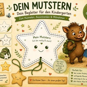 May include: A digital instructional graphic titled DEIN MUTSTERN featuring a star-shaped character with a smiling face. The image includes a brown boar and a girl with red braids holding a star, alongside numbered steps for coloring and cutting.