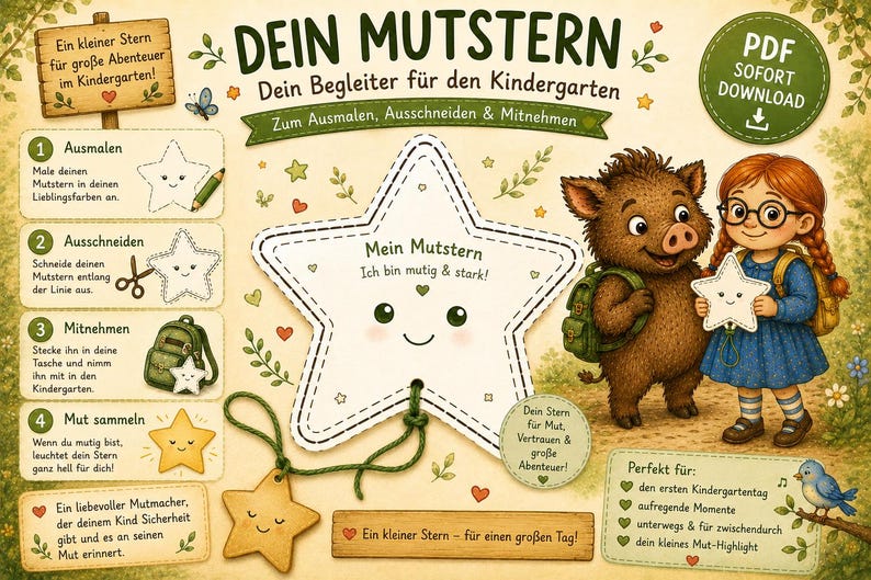 May include: A digital instructional graphic titled DEIN MUTSTERN featuring a star-shaped character with a smiling face. The image includes a brown boar and a girl with red braids holding a star, alongside numbered steps for coloring and cutting.