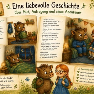 May include: A children's storybook titled Eine liebevolle Geschichte featuring illustrations of a young boar and a girl with red braids. The pages show scenes of the characters preparing for kindergarten, with German text throughout the book pages.